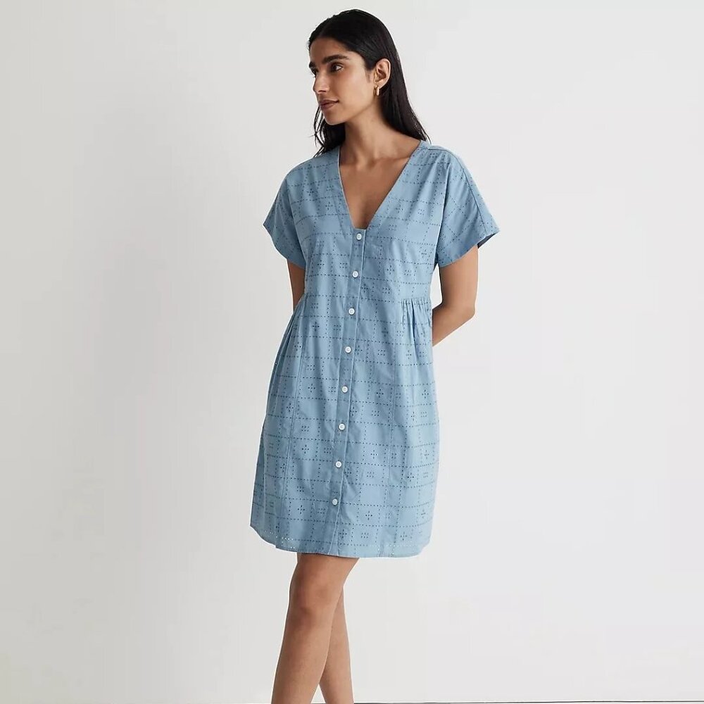 Madewell Button-Front V-Neck Mini Dress Blue Cotton Eyelet XXS NWT
